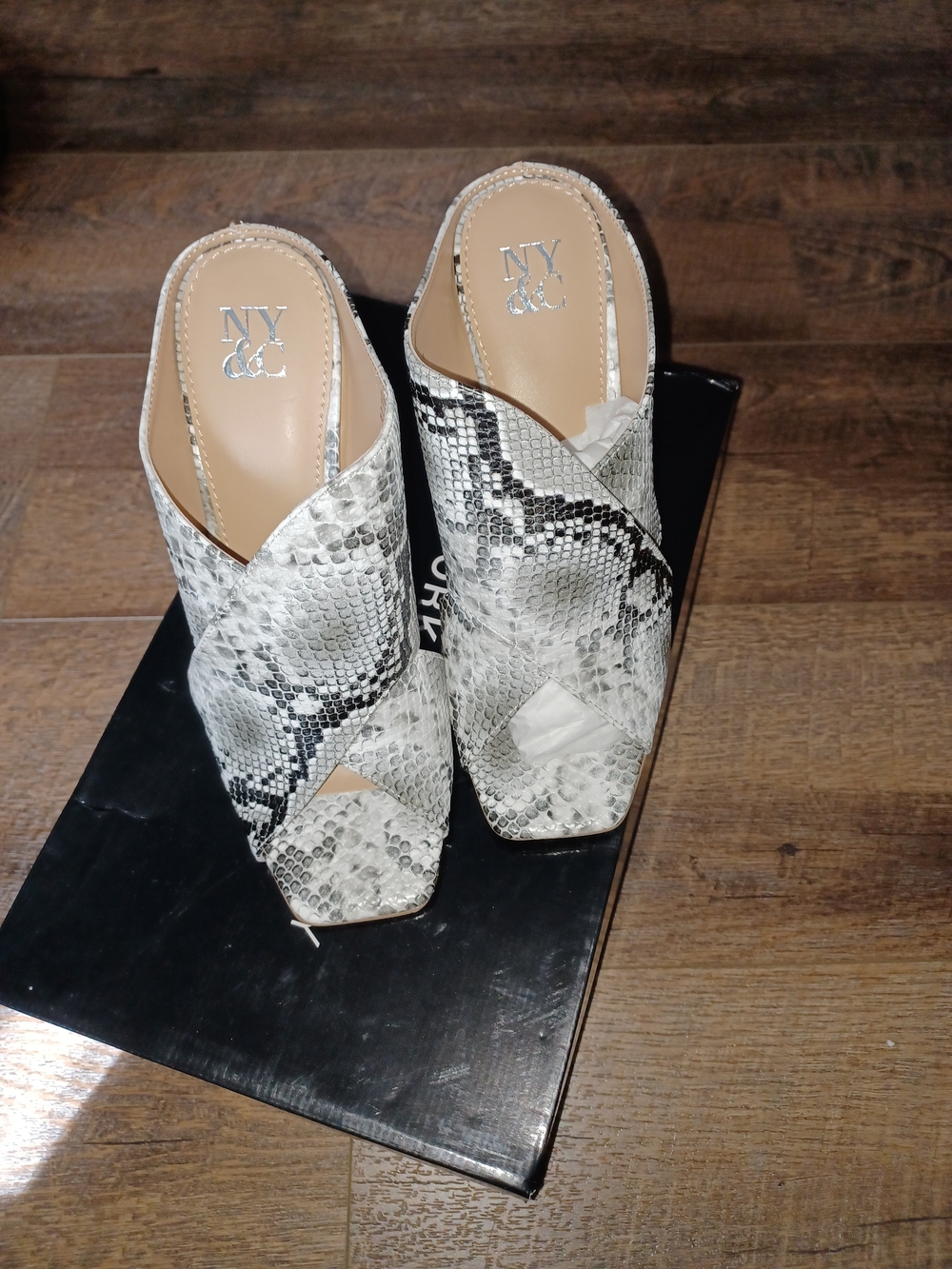 New York & Company White Snake-Print Crossband Slip-On Heels
